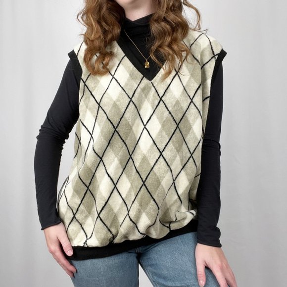 Vintage Preppy Argyle Oversized Teddy Sweater Vest Dark Light Academia Aesthetic - Picture 2 of 13